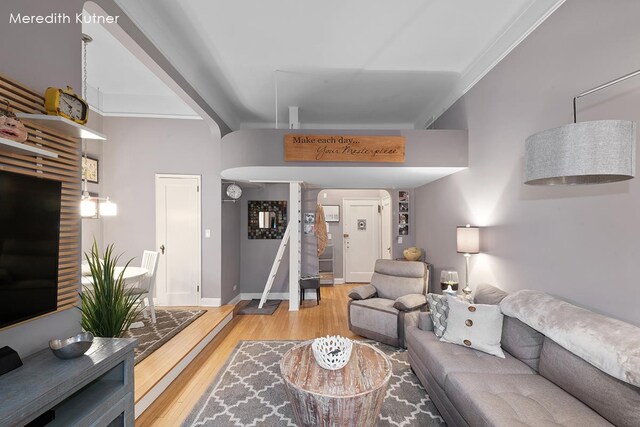 living room with light hardwood / wood-style floors and ornamental molding