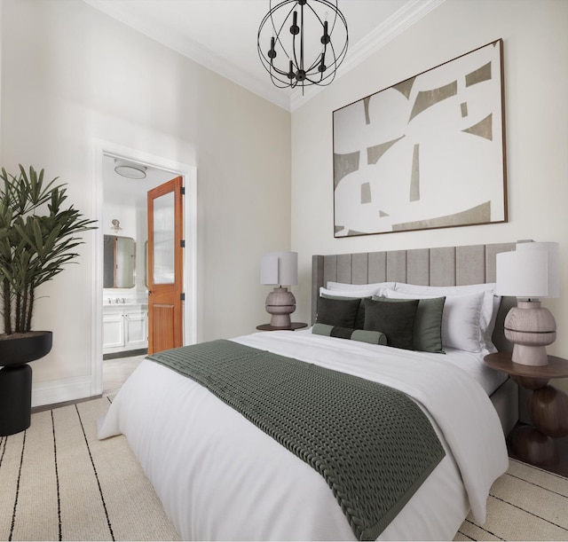 bedroom with an inviting chandelier, ornamental molding, and ensuite bathroom