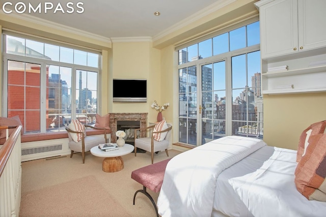 bedroom with light colored carpet and crown molding