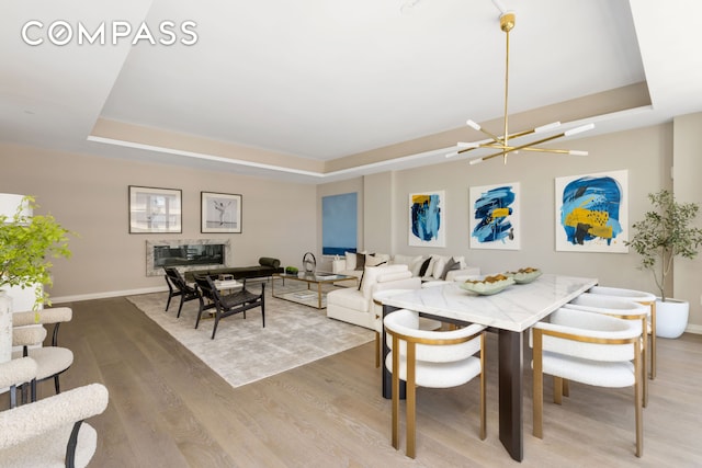 dining space with a raised ceiling, baseboards, and wood finished floors