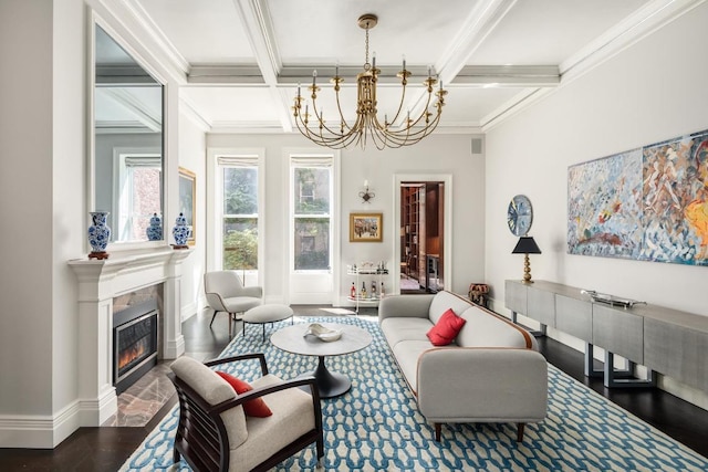 living area with coffered ceiling, a glass covered fireplace, dark wood-style flooring, beam ceiling, and a notable chandelier