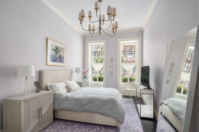 44 W 90th St, New York City, NY 10024 - bedroom with crown molding, a chandelier, and dark wood-type flooring