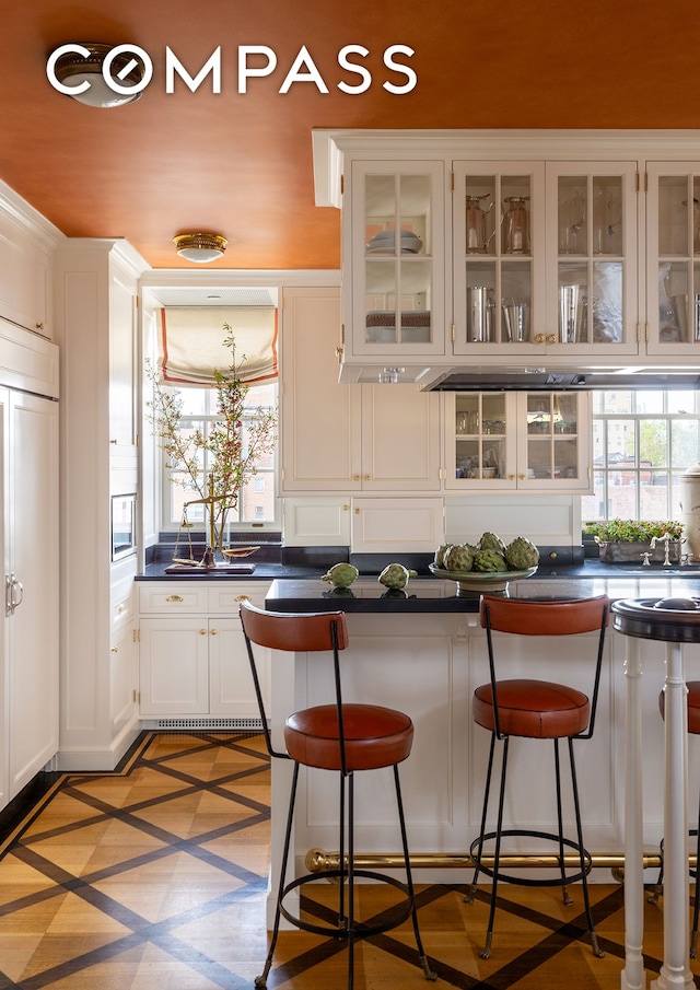 kitchen with dark countertops, white cabinetry, glass insert cabinets, and a kitchen breakfast bar