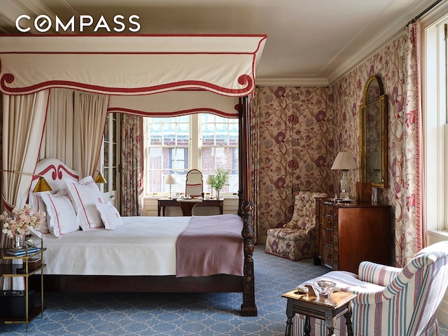 bedroom featuring crown molding, carpet floors, and wallpapered walls