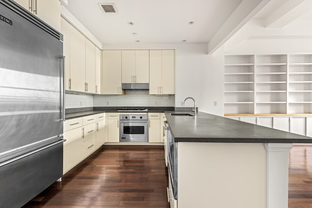 kitchen featuring cream cabinetry, stainless steel appliances, dark hardwood / wood-style floors, tasteful backsplash, and sink