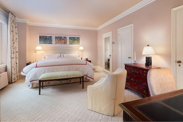 bedroom featuring crown molding and light carpet