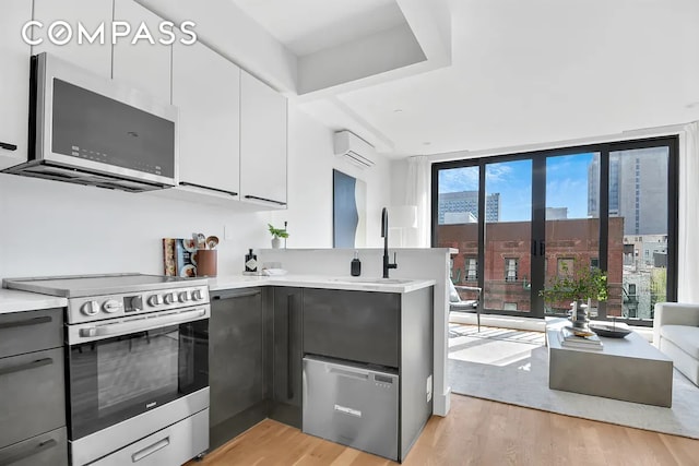 kitchen with an AC wall unit, expansive windows, light wood-style flooring, and stainless steel appliances