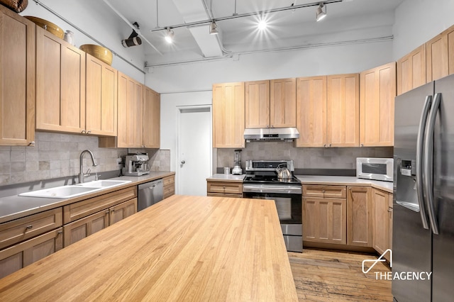 kitchen with a sink, butcher block countertops, under cabinet range hood, and stainless steel appliances