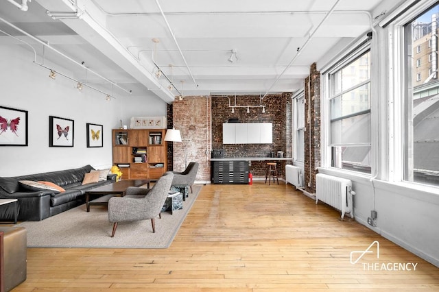 living area with light wood-type flooring, radiator, rail lighting, and brick wall