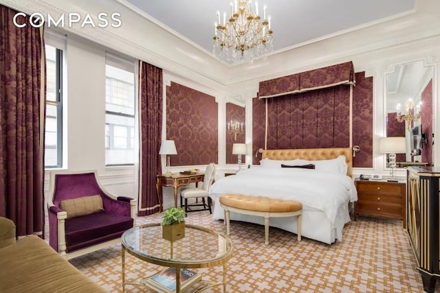 2 E 55th St Unit 1036W34, New York City, NY 10022 - bedroom featuring multiple windows, a chandelier, a decorative wall, ornamental molding, and light colored carpet