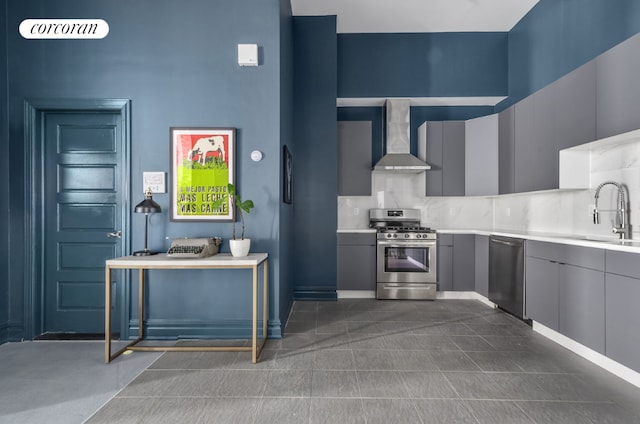 kitchen with gray cabinets, sink, decorative backsplash, stainless steel appliances, and wall chimney exhaust hood