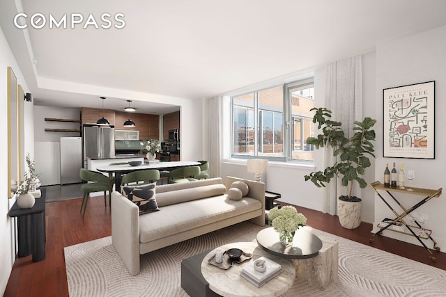 living room with dark wood-type flooring