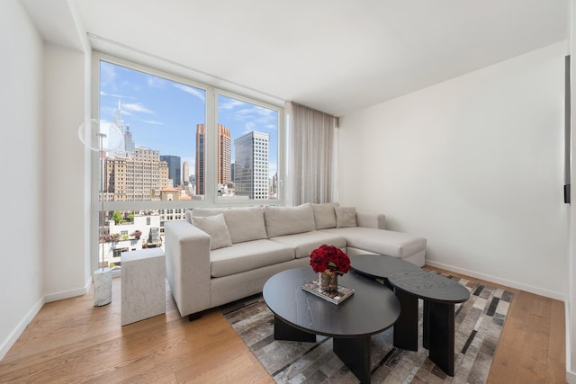 39 E 29th St Unit 25A, New York City, NY 10016 - living room featuring a view of skyline, wood finished floors, and expansive windows