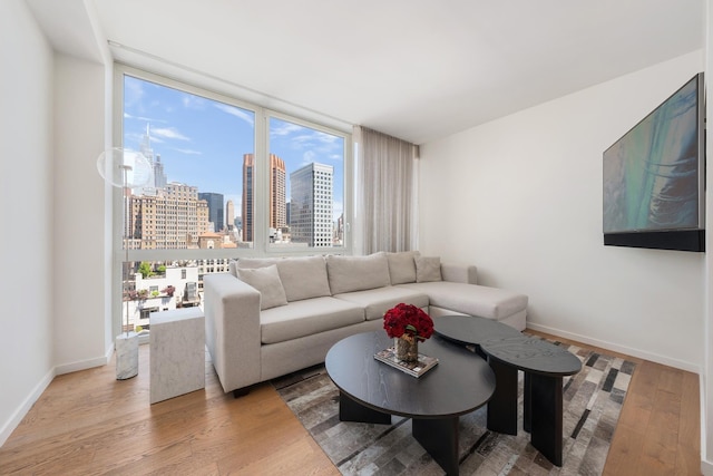 39 E 29th St Unit 25A, New York City, NY 10016 - living room with a skyline view and wood finished floors