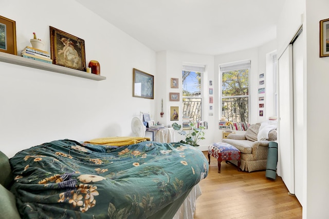 bedroom featuring wood-type flooring and access to exterior