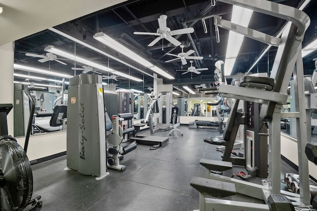 exercise room featuring ceiling fan