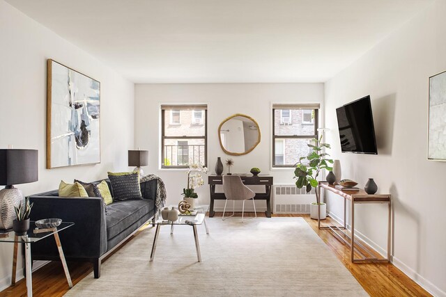 living room with radiator and light hardwood / wood-style flooring