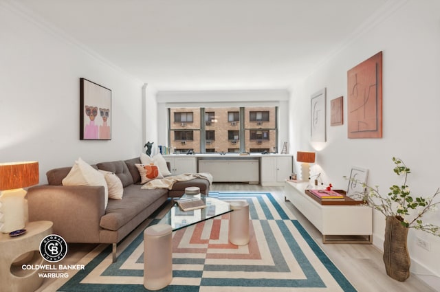 living room with crown molding and light hardwood / wood-style floors