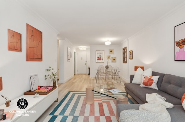 living room featuring ornamental molding and light hardwood / wood-style floors