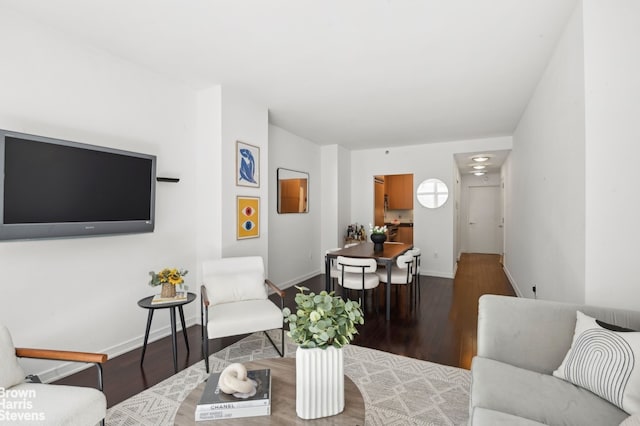 living room with dark hardwood / wood-style floors