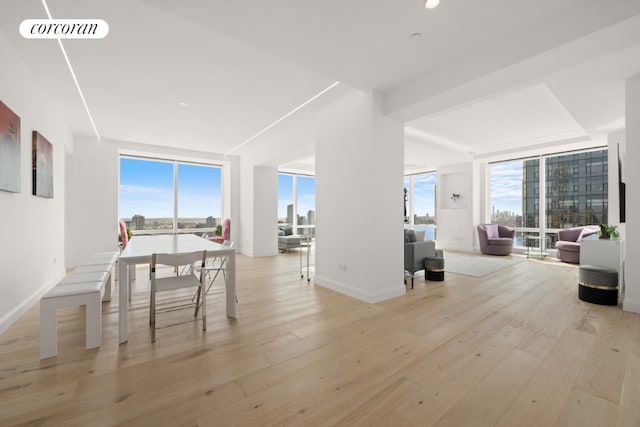 dining space featuring expansive windows and light wood-type flooring