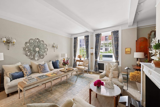 living area featuring beam ceiling