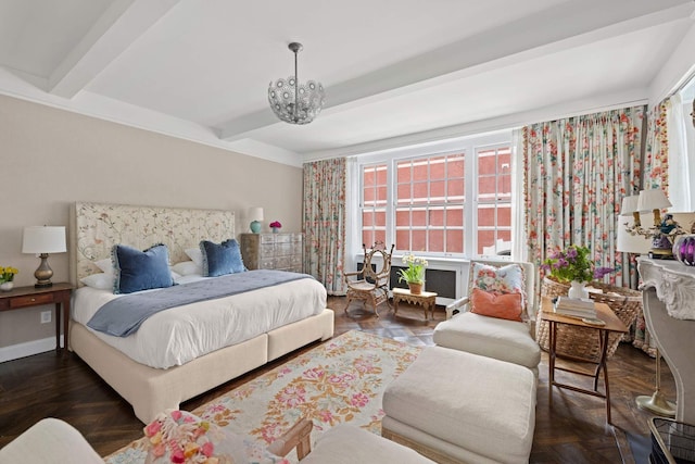 bedroom featuring beamed ceiling, baseboards, and an inviting chandelier