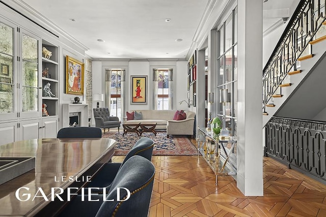 interior space with crown molding and parquet flooring