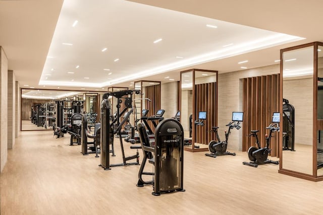 gym with light hardwood / wood-style flooring and a tray ceiling