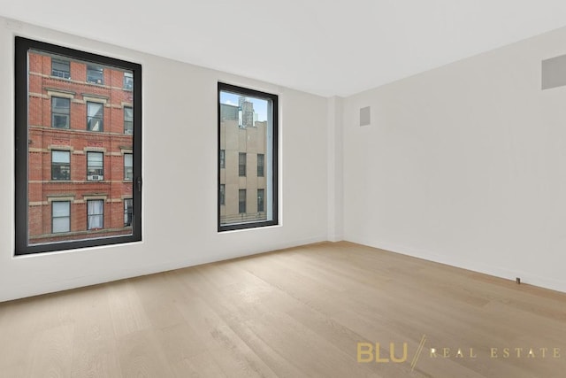 spare room with baseboards, a wealth of natural light, and light wood-style floors