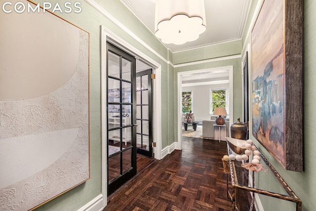 corridor with french doors, crown molding, and dark parquet floors