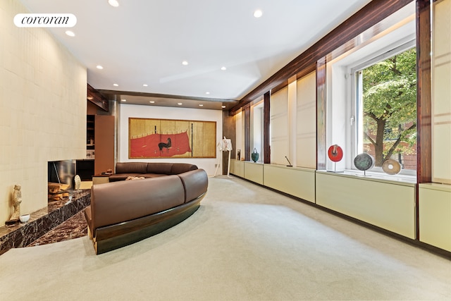 interior space with visible vents, recessed lighting, and a fireplace