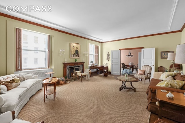 carpeted living room with ornamental molding