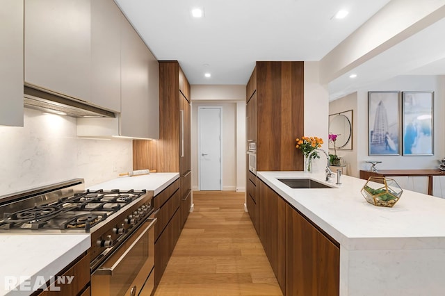 kitchen with a sink, modern cabinets, appliances with stainless steel finishes, and light countertops