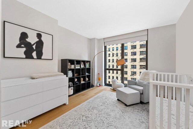 bedroom with a crib and light hardwood / wood-style flooring