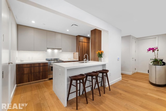 kitchen with a breakfast bar area, light wood-style flooring, stainless steel stove, modern cabinets, and fridge