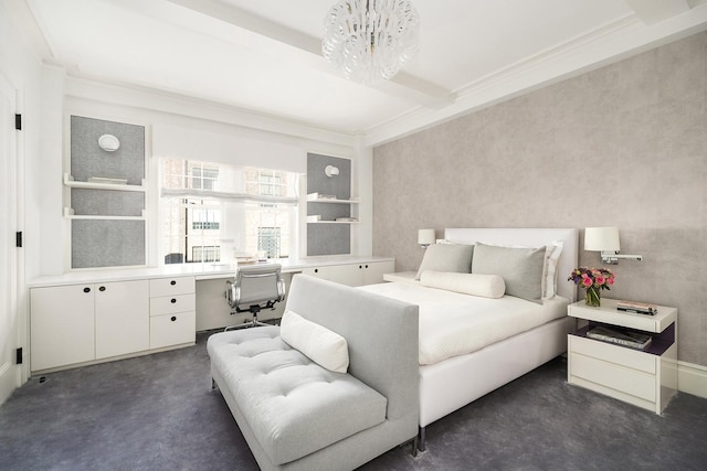 carpeted bedroom with an inviting chandelier and ornamental molding