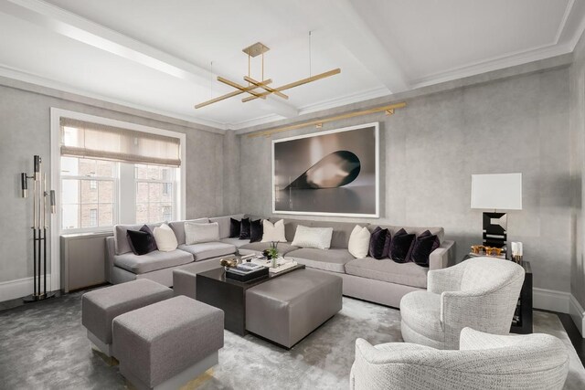 bedroom with dark colored carpet, built in desk, and a notable chandelier