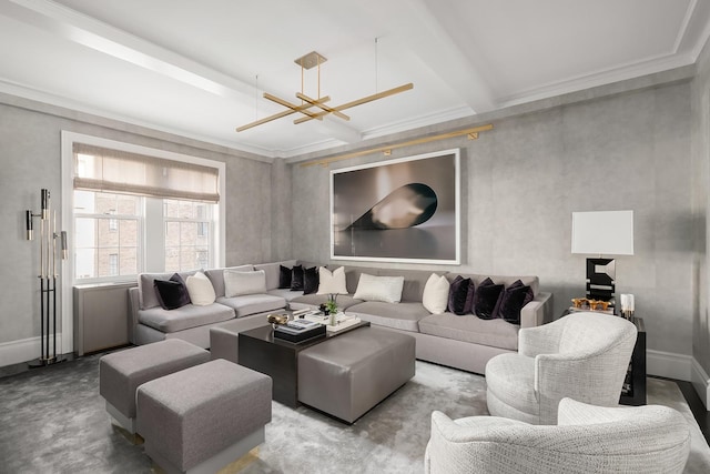 living area with baseboards, beamed ceiling, and crown molding