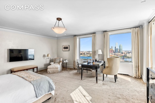 bedroom with baseboards, light colored carpet, a view of city, and crown molding