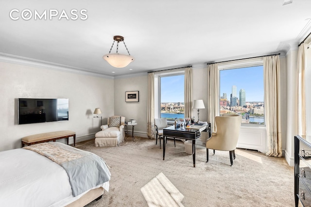 435 E 52nd St Unit 16C2, New York City, NY 10022 - bedroom with ornamental molding, light carpet, and a city view