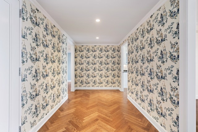 unfurnished room with crown molding, baseboards, recessed lighting, and wallpapered walls