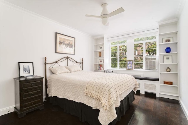 bedroom featuring radiator, ceiling fan, crown molding, and dark wood-type flooring