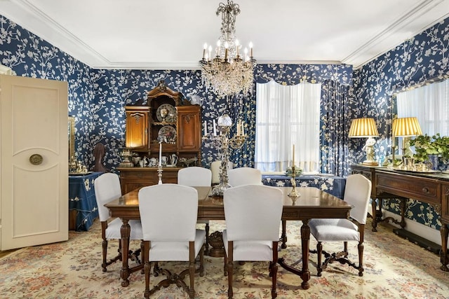 dining area with ornamental molding and an inviting chandelier