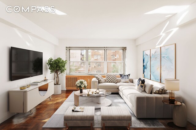 living room featuring dark parquet flooring