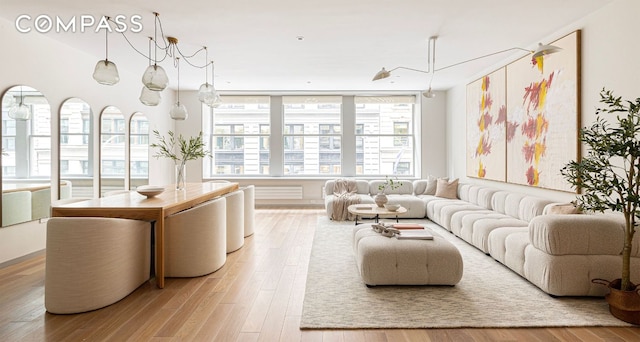 living room with a wealth of natural light and light wood-style floors