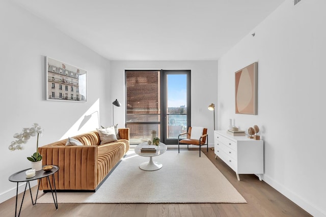 living room with baseboards and wood finished floors