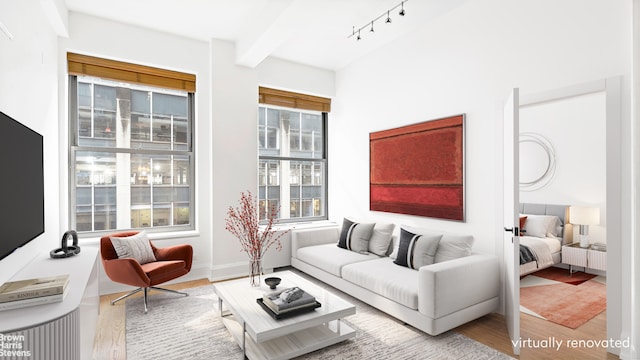 living area with beamed ceiling, rail lighting, and wood finished floors