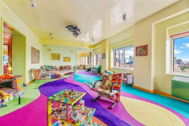 recreation room featuring carpet flooring