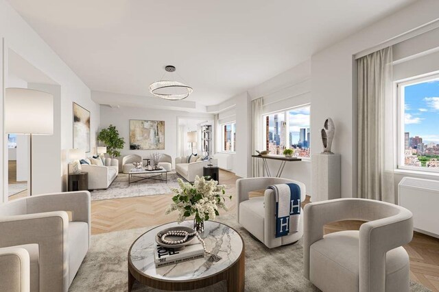 living room featuring light parquet flooring